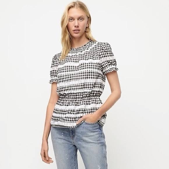 J. Crew Black Label Gingham & Daisy Appliqué Top - Picture 2 of 10
